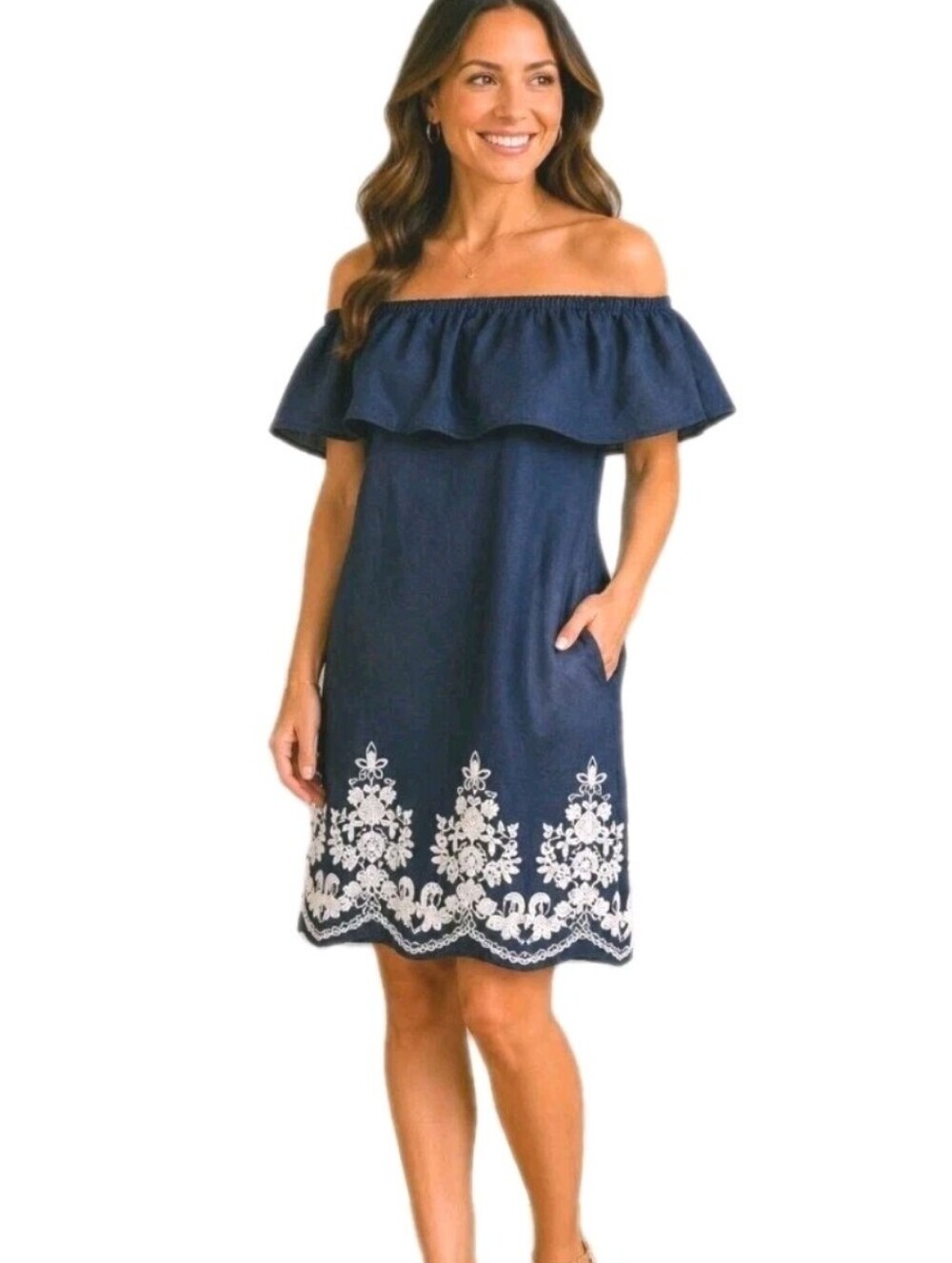 Beige By Eci ~Woman Size S~ Blue/White Embroidered Off-Shoulder Dress Unlined.